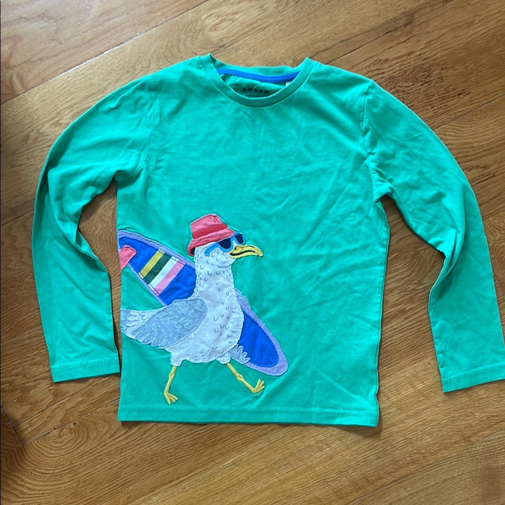 Mini Boden Green and Red Long Sleeve Tee with Whimsical Bird Design